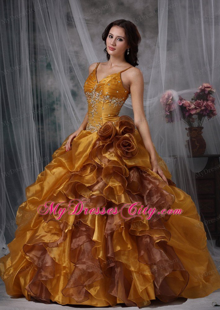 Ball Gown Spaghetti Straps Organza Beading Sweet 15 Dress